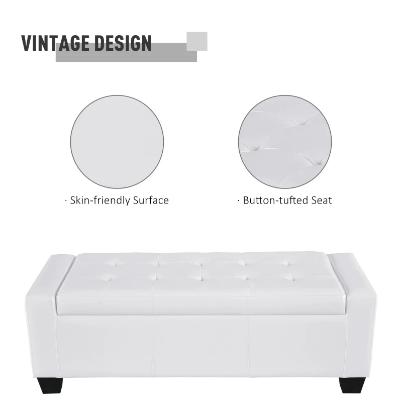 HOMCOM 50.5" Faux Leather Rectangular Tufted Storage Ottoman for Living Room, Entryway, or Bedroom, White