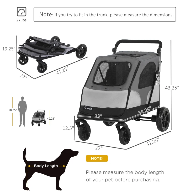 PawHut Pet Stroller Foldable Dog Cat Travel Carriage with Adjustable Handlebar Rear Door EVA Wheel Brake Storage Bag Mesh Window Safety Leash Grey