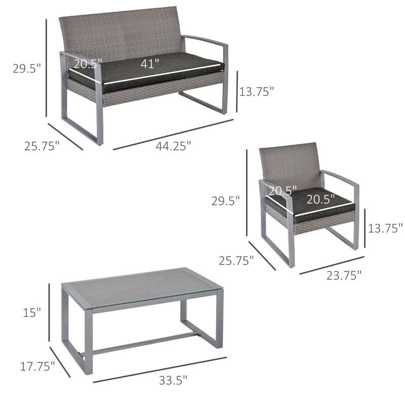 Outsunny 4 Pieces Patio Furniture Set, PE Rattan Wicker Sofa Set Outdoor Conversation Furniture Lawn Patio Coffee Table w/Cushion, Grey