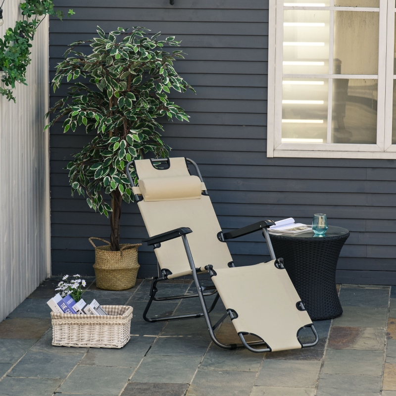 Outsunny Folding Chaise Lounge Chair Portable Adjustable Recliner Sun Lounger Outdoor Garden Reclining Seat with Beige