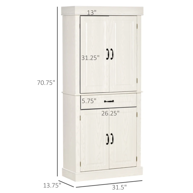 HOMCOM 71" Freestanding Kitchen Pantry Cabinet, Tall Storage Cabinet with 4 Doors and Drawer for Dining Room, Ivory