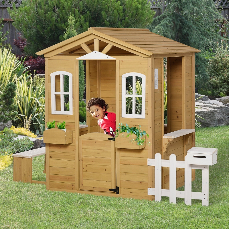 Outsunny Kid Outdoor Wooden Playhouse with Door Windows Mailbox Flower Pot Holder Serving Station Bench Natural