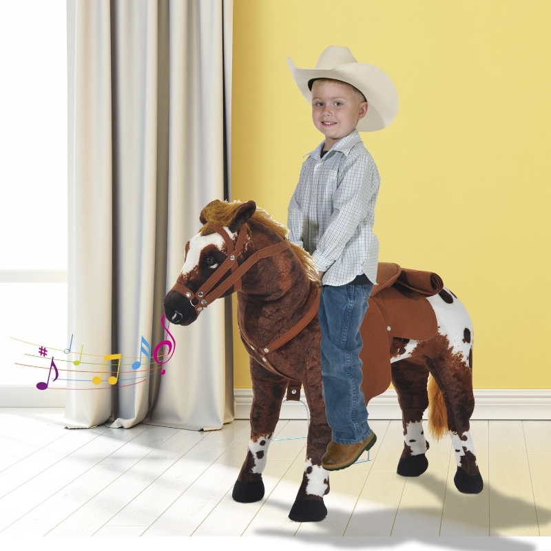 Qaba Standing Ride on Horse Children Cowboy Plush Pony Toy w/ Neighing Sound Brown