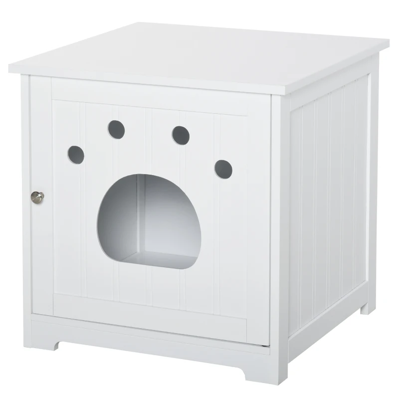 PawHut Wooden Cat Washroom Pet Litter Box Enclosure Kitten House Nightstand End Table Hideaway Cabinet with Magnetic Doors White