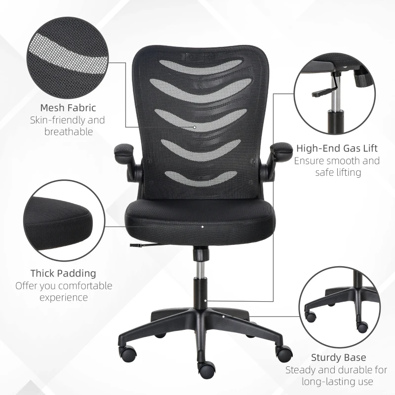Vinsetto Mid Back Office Chair, Mesh Computer Desk Chair with Lumbar Back Support, Flip-up Arm, Adjustable Height, Black B