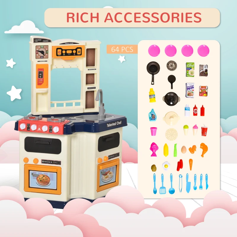 Qaba 64 PCS Kids Kitchen Role Play Cooking Toy Set, Educational Pretend Kitchen Playset Game, w/ Water Circulation, Spray, Music, Sound, Colorful Flashlight, for 3-6 Years Old, Beige+Blue