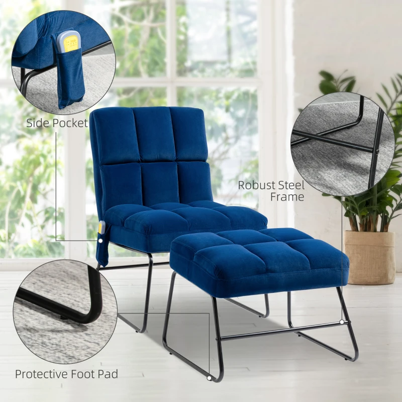 HOMCOM Accent Chair with Ottoman, Velvet Club Chair with Vibration Massage, Remote Control and Metal Legs for Living Room, Bedroom, and Home Office, Blue
