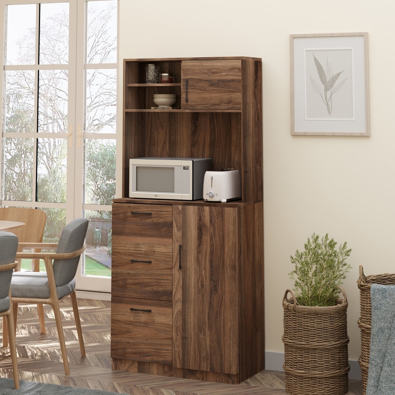 HOMCOM Kitchen Buffet and Hutch Storage Pantry Cupboard with Sliding Door,4 Adjustable Shelves,3 Drawers, Microwave Cabinet for Dining Room, Living Room, Entryway, Walnut