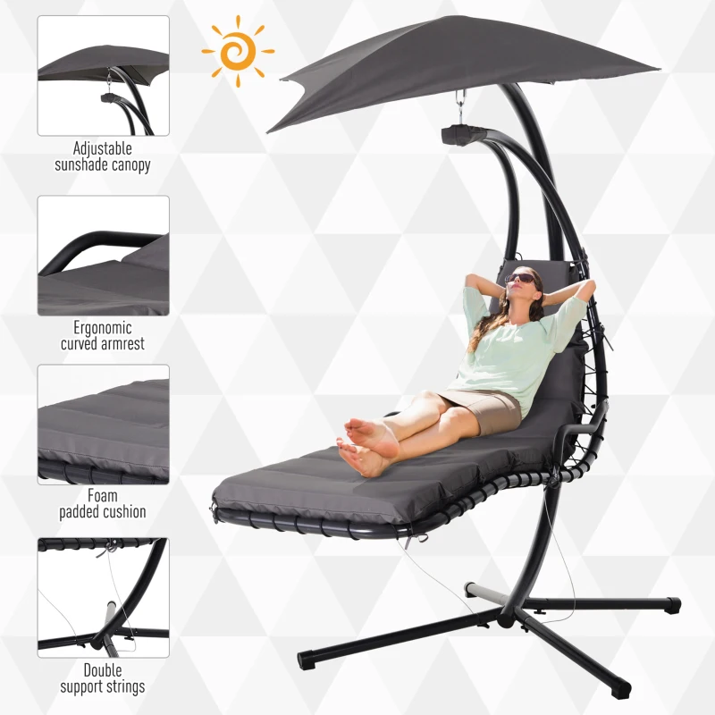 Outsunny Single Floating Chaise Lounge Curved Outdoor Porch Swing Chair Hanging Hammock Reclining Seat w/Arc Stand & Canopy Grey
