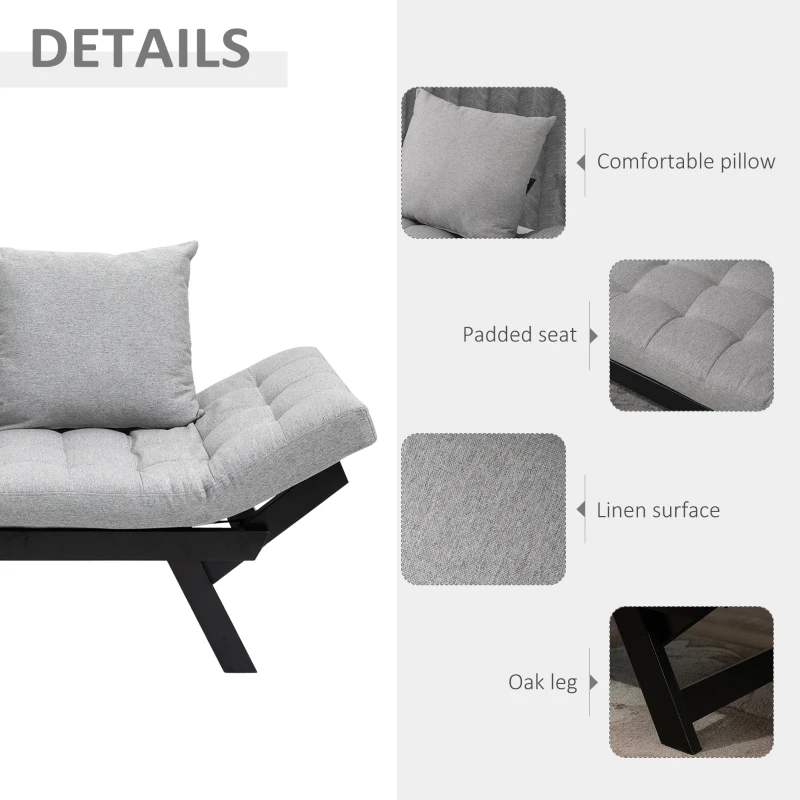 HOMCOM Convertible Sofa Bed Futon Loveseat Living Room with Pillow, Adjustable 3-Position Sofa Bed Soild Wood Frame, Light Grey