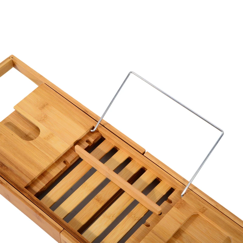 HOMCOM Bamboo Table, Caddy Shower Bath Shelf Bathtub, Expandable Luxury Tray Holder, for Soap Book Phone