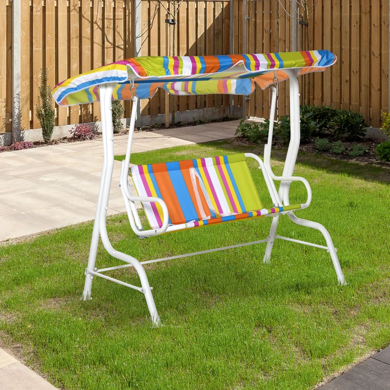 Outsunny Kids Porch Swing, Outdoor 2-Seat Children Patio Chair, Toddler Glider with Adjustable Canopy, Seat Belt for Garden Backyard Colorful Stripes