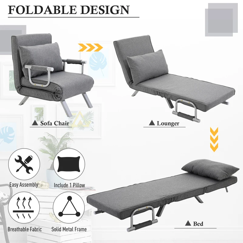 HOMCOM 5 Position Adjustable Folding Convertible Single Sleeper Sofa Bed Chair Lounge Couch with Pillow (Light Grey)