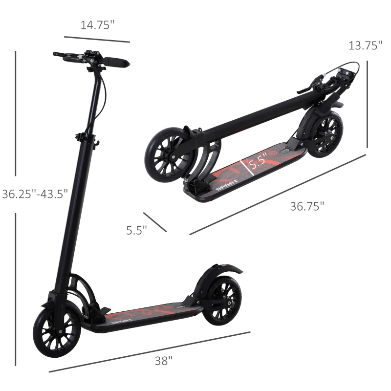 Soozier Kick Scooter Folding Adjustable Ride On Toy w/ Dual Braking System, Rear Shock Absorption and 8" Big Wheels For 14+ Teens Adult, Black