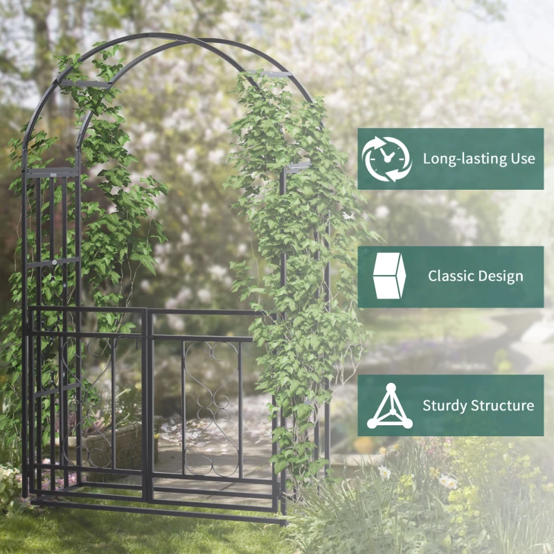 Outsunny 81" Steel Garden Arch with Gate Outdoor Courtyard Arbor for Climbing Vine Plants Lawn Backyard Decoration Dark Grey