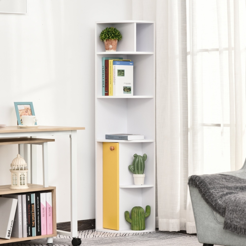 HOMCOM 5-Tier Corner Bookcase Bookshelf w/ Storage Compartments, Cupboard with Door, Floor Standing Cabinet Organizer for Home, Office, Narrow Places, White