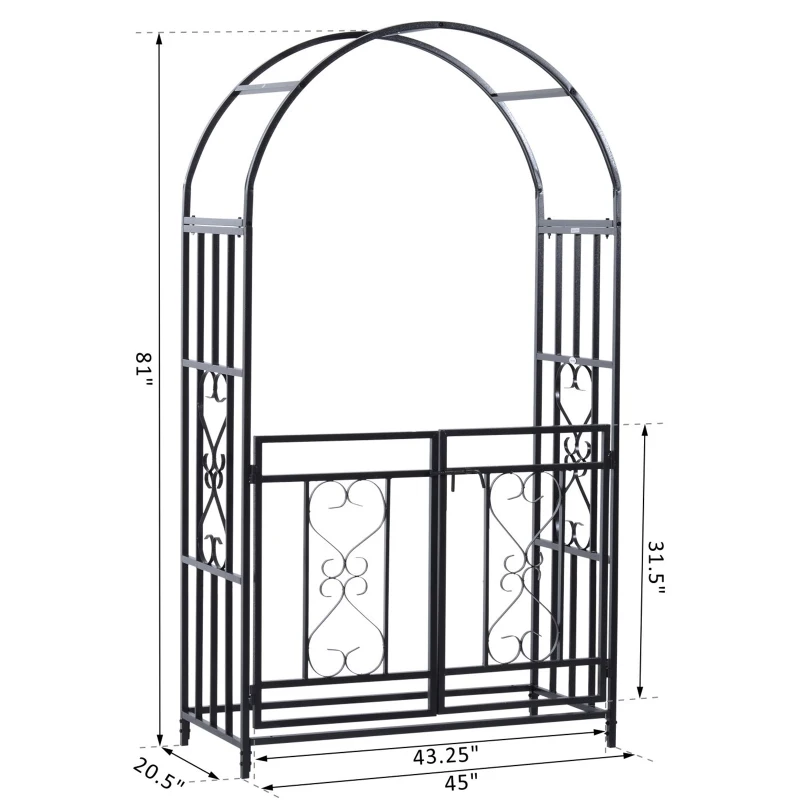 Outsunny 81" Steel Garden Arch with Gate Outdoor Courtyard Arbor for Climbing Vine Plants Lawn Backyard Decoration Dark Grey