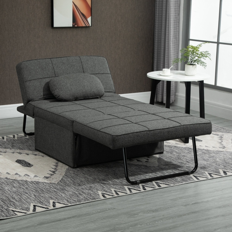 HOMCOM 3-in-1 Convertible Sleeper Sofa Bed Guest Bed Cot Lounge Chair Storage Stool with 5-Position Backrest Pillow, Linen Grey
