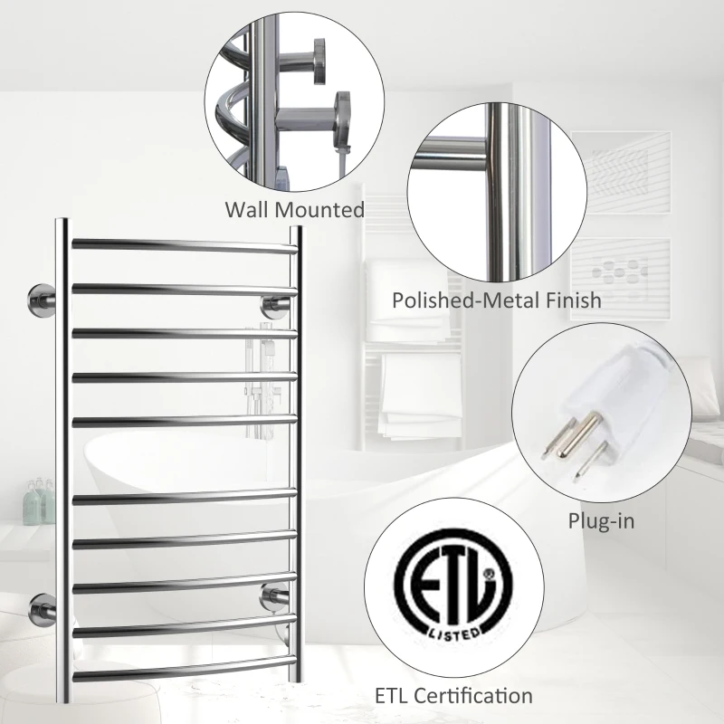 HOMCOM 10-Bar Curved Towel Warmer Wall Mounted Electric Heated Shelf Stainless Steel Home Bathroom Towel Drying Rack, (20.75"Wx5.5"Dx34.25"L)