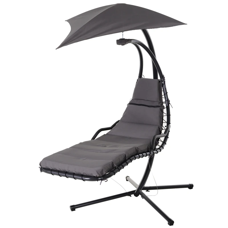 Outsunny Single Floating Chaise Lounge Curved Outdoor Porch Swing Chair Hanging Hammock Reclining Seat w/Arc Stand & Canopy Grey