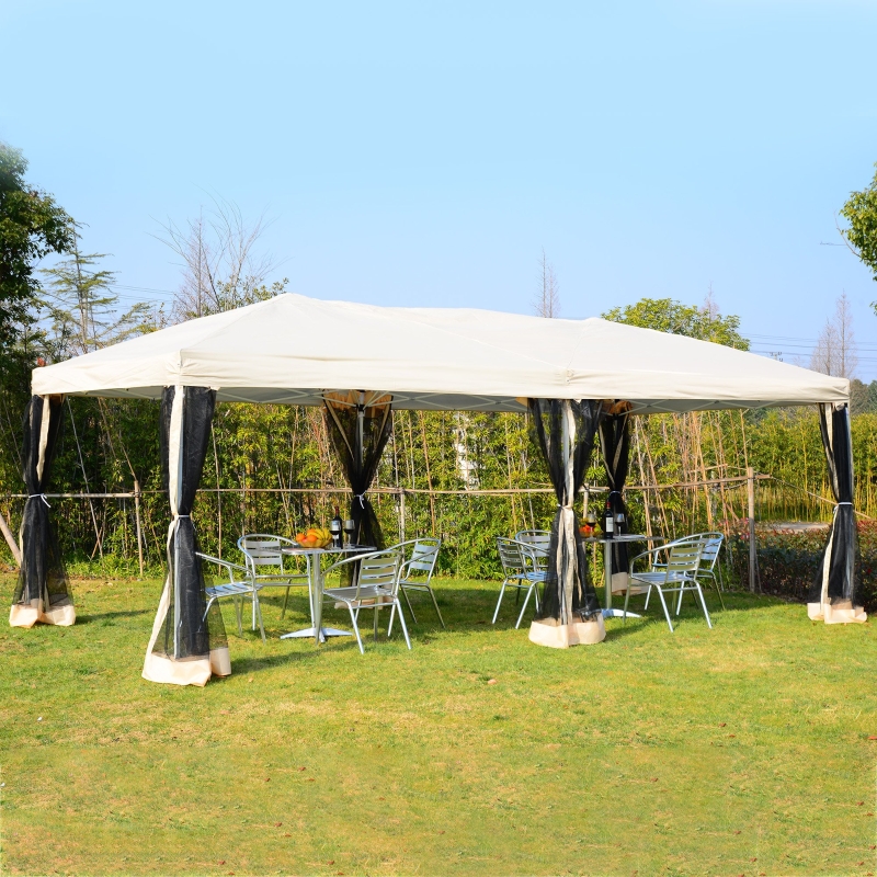 Outsunny 10'x20' Pop Up Party Tent Gazebo Wedding Canopy with 6 Removable Mesh Sidewalls and Carry Bag (Beige)