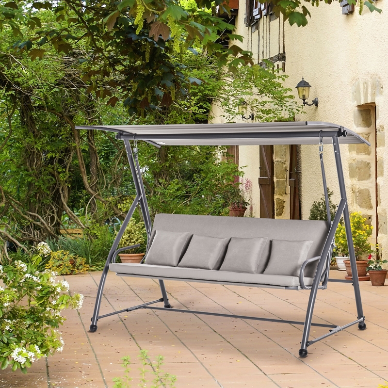 Outsunny Convertible Patio Swing Chair Garden 3 Person Hammock Outdoor Lounge Bed Cushioned with Tilt Canopy Light Brown