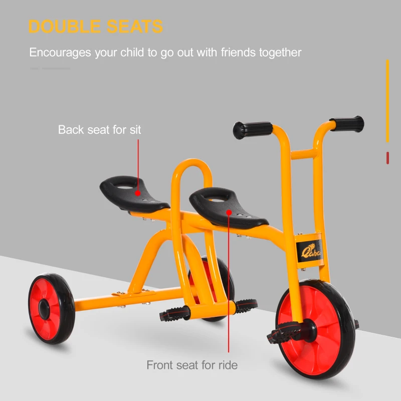 Qaba Kids Tandem Tricycle 3 Wheels Toddler Bike Trike Baby Boys Girls w/ Double Seats Outdoor & Indoor for 3-5 Years Old Yellow