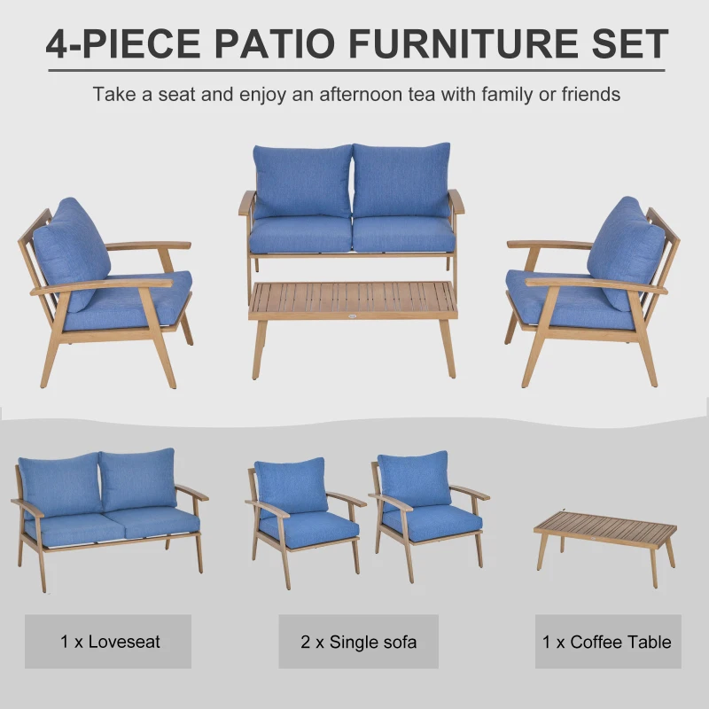 Outsunny 4-Piece Patio Furniture Set Outdoor Conversation Set with Coffee Table Loveseat Blue Cushions Aluminium Frame