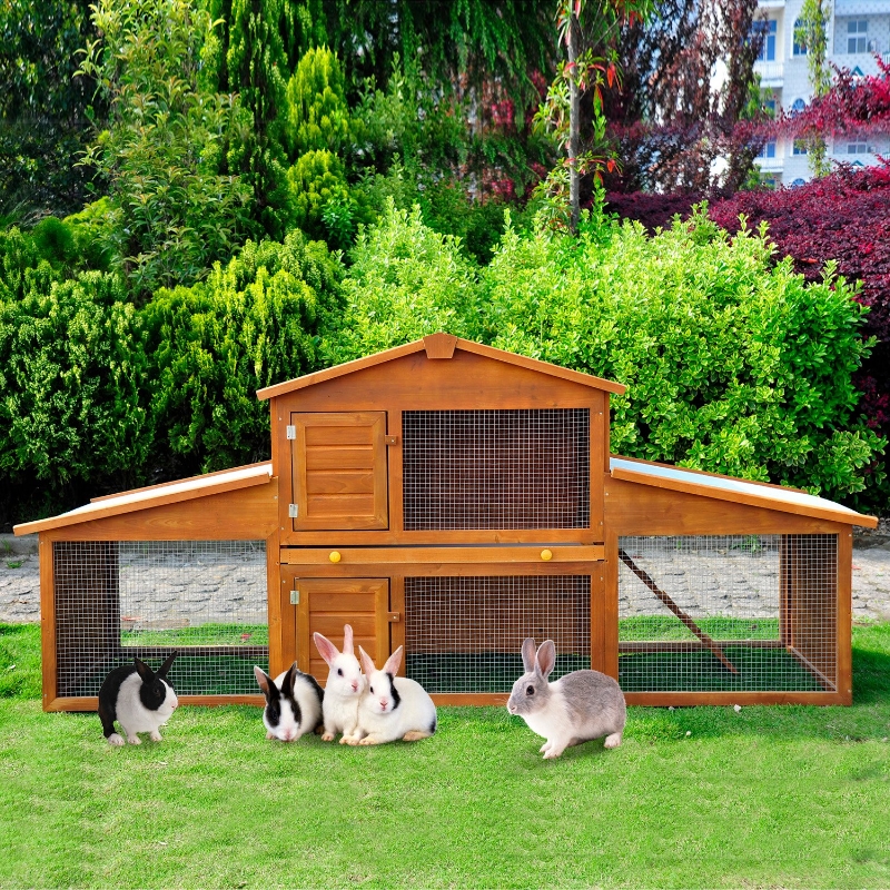 PawHut 2-Story Rabbit Hutch Wooden Small Animal House Backyard Cage w/Outdoor Run Ramp
