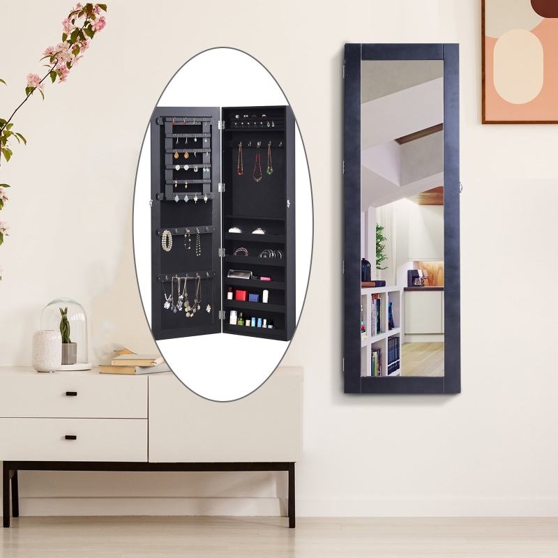 HOMCOM Black Mirrored Jewelry Cabinet Hanging Wall Mount Real Glass Mirror Locked (Black)