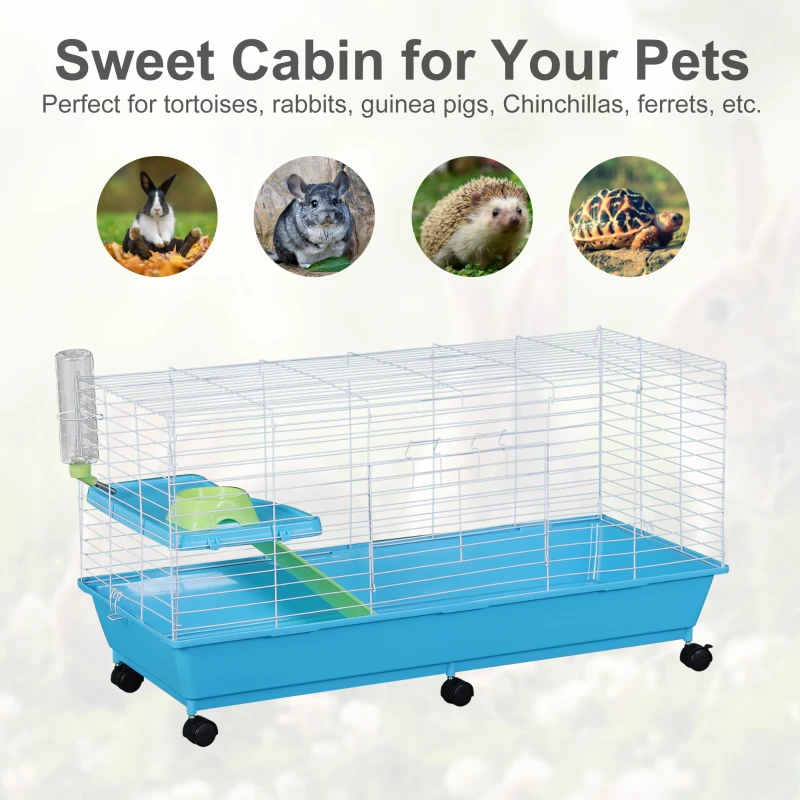 PawHut Small Animal Cage Pet Rabbit Guinea Pig Home Habitat Hutch Play House Rolling with 6 universal wheels, water bottle, ramp, food dish,  White/Blue