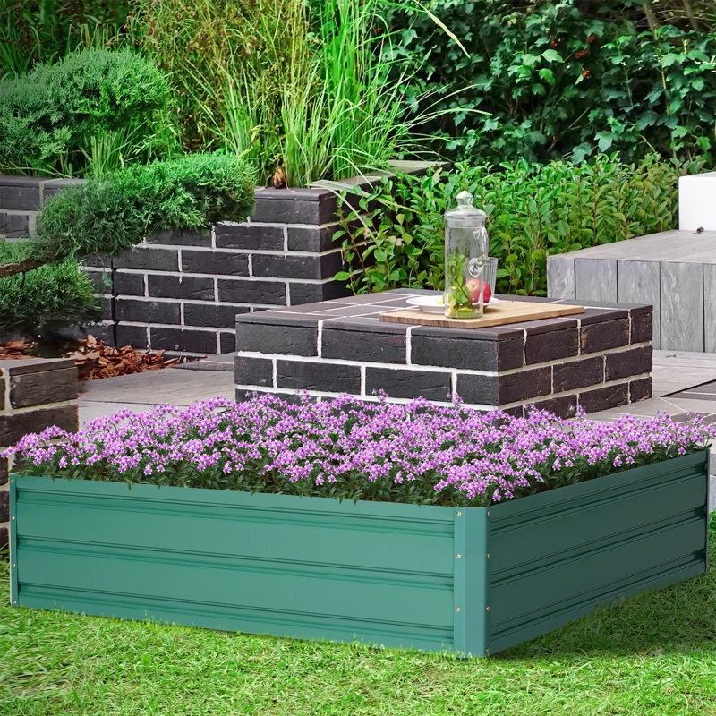 Outsunny 47.3"x47.3" Raised Garden Bed Galvanized Planter Garden Box Kit Set Raised Fence Garden Bed Planter 4-Panel Galvanized Steel Green