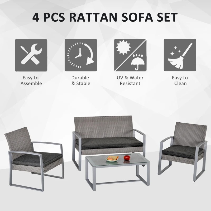 Outsunny 4 Pieces Patio Furniture Set, PE Rattan Wicker Sofa Set Outdoor Conversation Furniture Lawn Patio Coffee Table w/Cushion, Grey