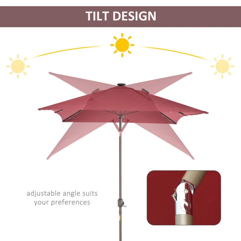 Outsunny 6.5x10ft Patio Umbrella Rectangle Solar Powered Tilt Aluminum Outdoor Market Parasol with LEDs Crank (Wine Red)