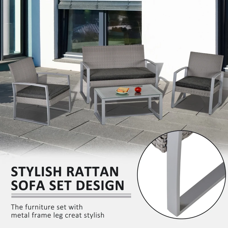 Outsunny 4 Pieces Patio Furniture Set, PE Rattan Wicker Sofa Set Outdoor Conversation Furniture Lawn Patio Coffee Table w/Cushion, Grey