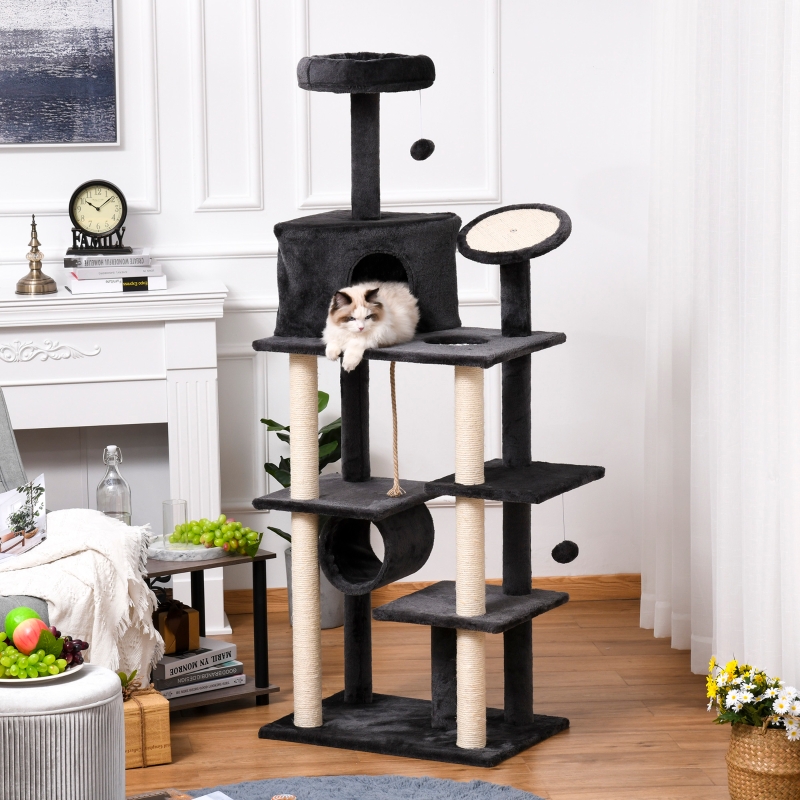 PawHut Cat tree Tower Climbing Kitten Activity Center Furniture with Jute Scratching Post Pad Condo Perch Hanging Balls Tunnel Teasing Rope 25.5" x 17.75" x 67.75" Dark Grey