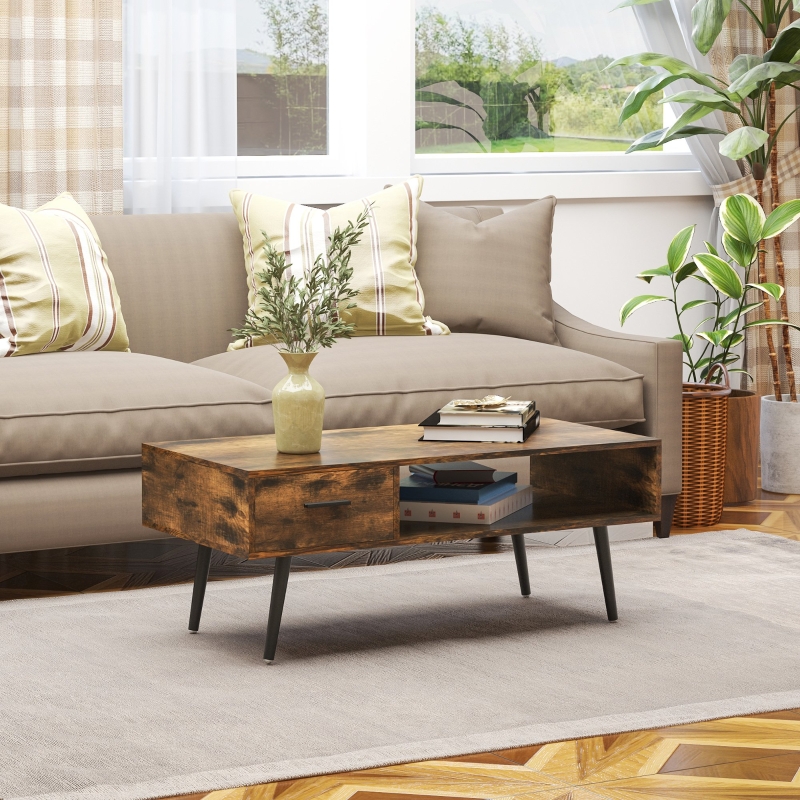 HOMCOM Retro Coffee Table with Storage Shelf and Drawer for Living Room, Vintage Wooden Sofa Side Table, Rustic Brown