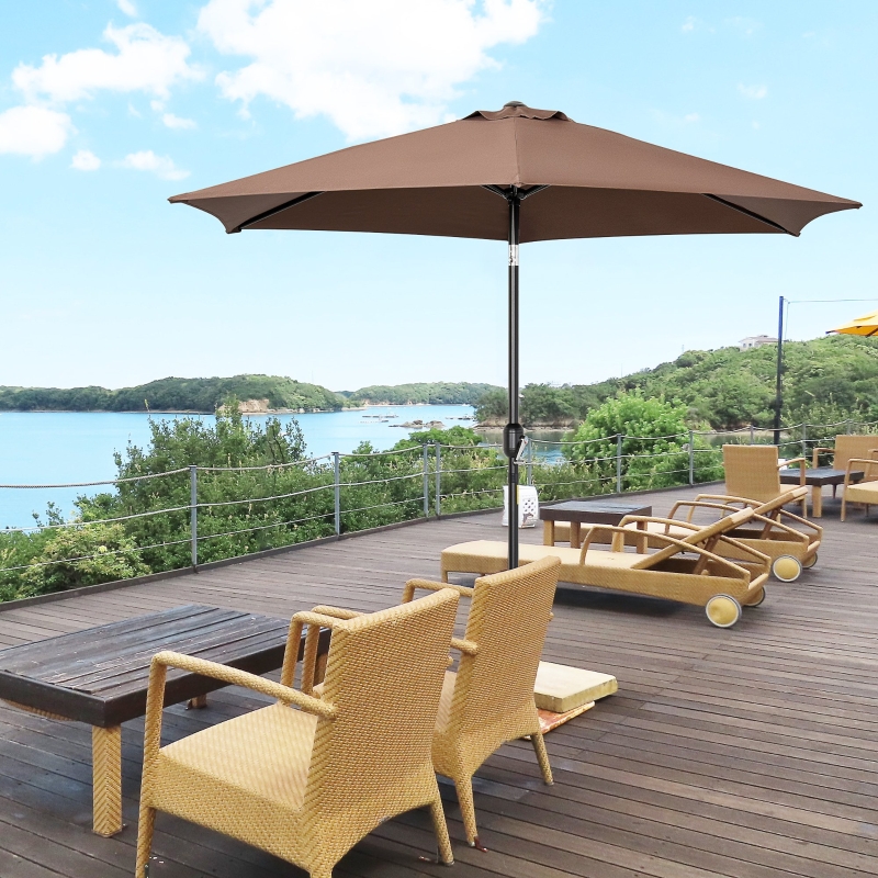 Outsunny 9' Round Aluminum Patio Umbrella 6 Ribs Market Sunshade Tilt Canopy w/ Crank Handle Garden Parasol Coffee