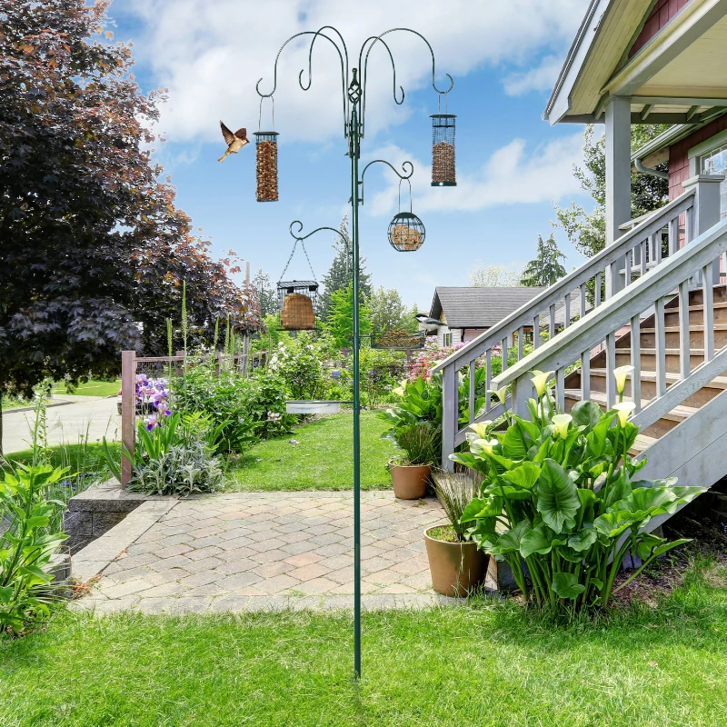 PawHut 6 Hook Feeding Station, Steel Multi-Feeder Kit Stand with 4 Bird Feeders, Mesh Tray, Water Dish and 4-Prong Base, Green