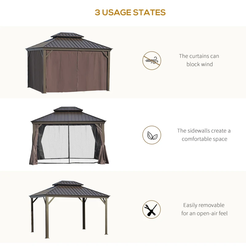 Outsunny 10' x 12' Outdoor Hardtop Gazebo with Galvanized Steel Canopy & Netting Sidewalls for Lawn, Backyard, Brown