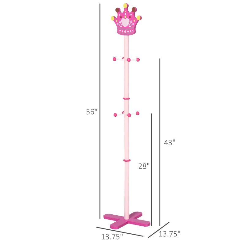 Qaba Kids Coat Rack Free Standing Wooden Tree Hanger with Crown Modeling Design 8 Hooks for Scarves Hats Clothes Bracelets Bags Gift for Toddler Girl Pink