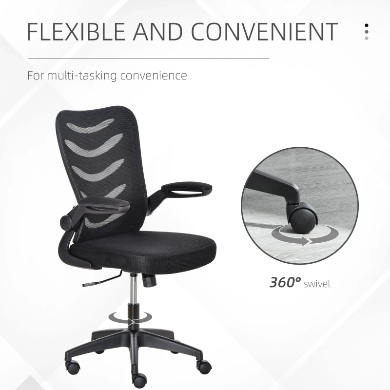 Vinsetto Mid Back Office Chair, Mesh Computer Desk Chair with Lumbar Back Support, Flip-up Arm, Adjustable Height, Black B
