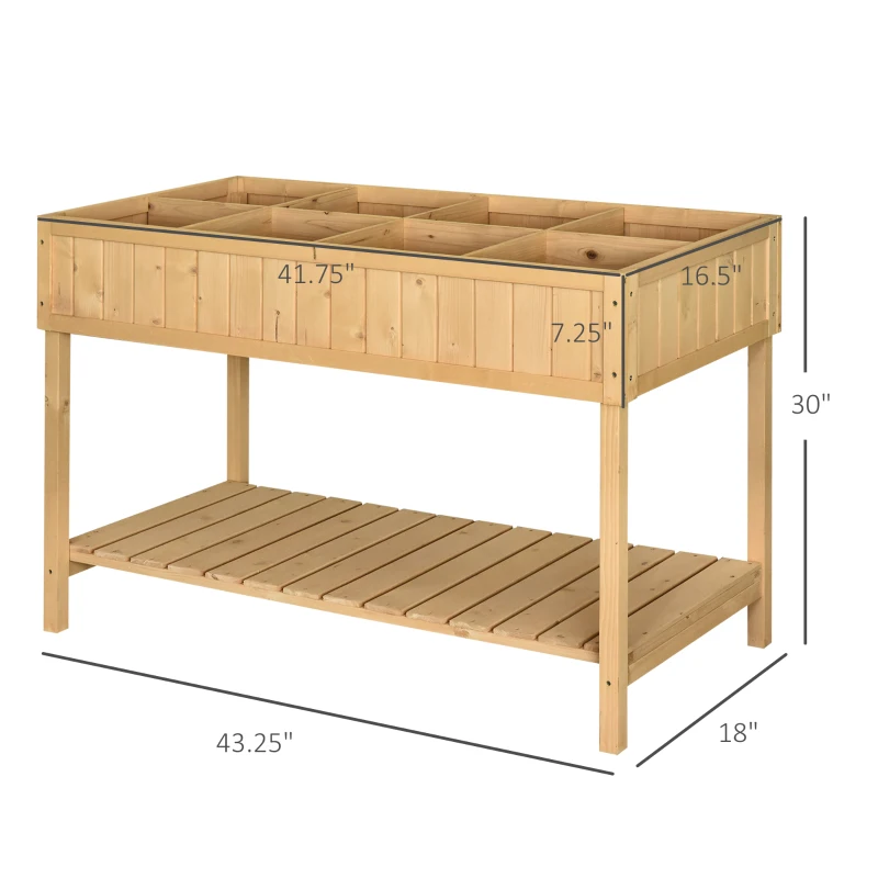 Outsunny 43.25" x 18" x 30" Raised Garden Bed, Wooden Plant Stand with 8 Grid Box, Storage Shelf for Outdoor, Natural Wood Colour