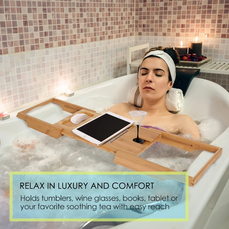 HOMCOM Bamboo Table, Caddy Shower Bath Shelf Bathtub, Expandable Luxury Tray Holder, for Soap Book Phone