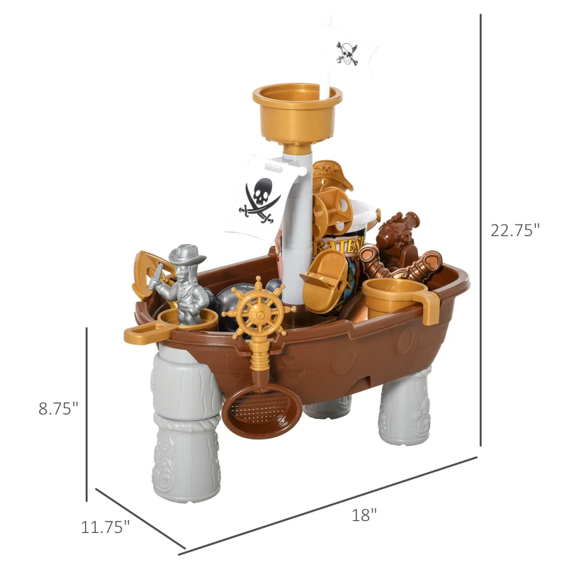 Qaba Pirate Ship Theme Sand and Water Table Beach Toy Set 2 in 1 Outdoor Activities Playset for Kids with Accessories 26 Pcs Garden Sandpit Sandbox for Beach Bath 3 Years Old Toddlers