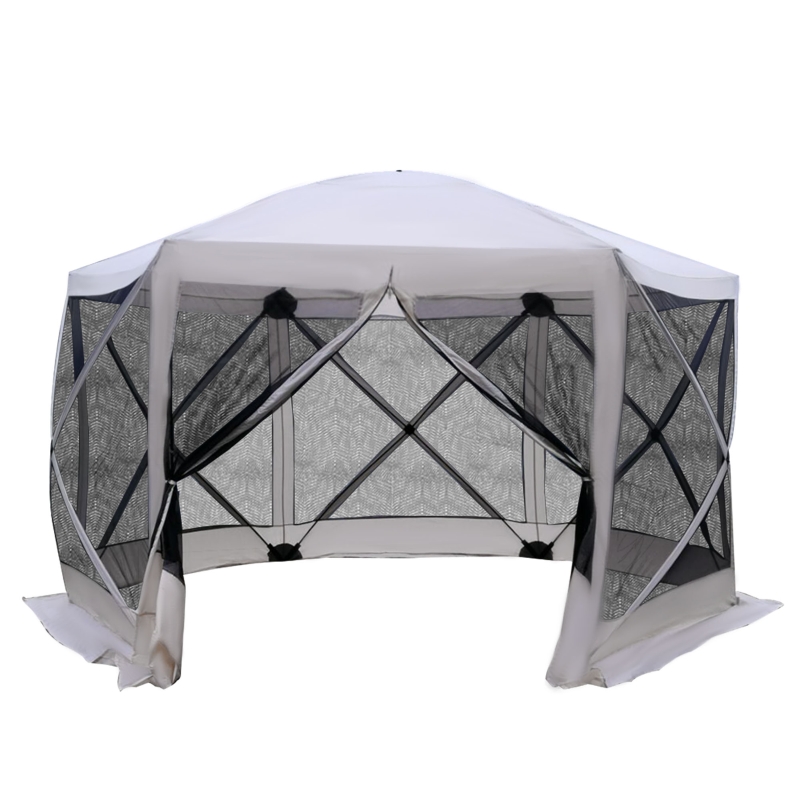 Outsunny 6-Sided Hexagon Pop Up Party Tent Gazebo with Mesh Netting Walls & Shaded Interior, 12' x 12', Beige