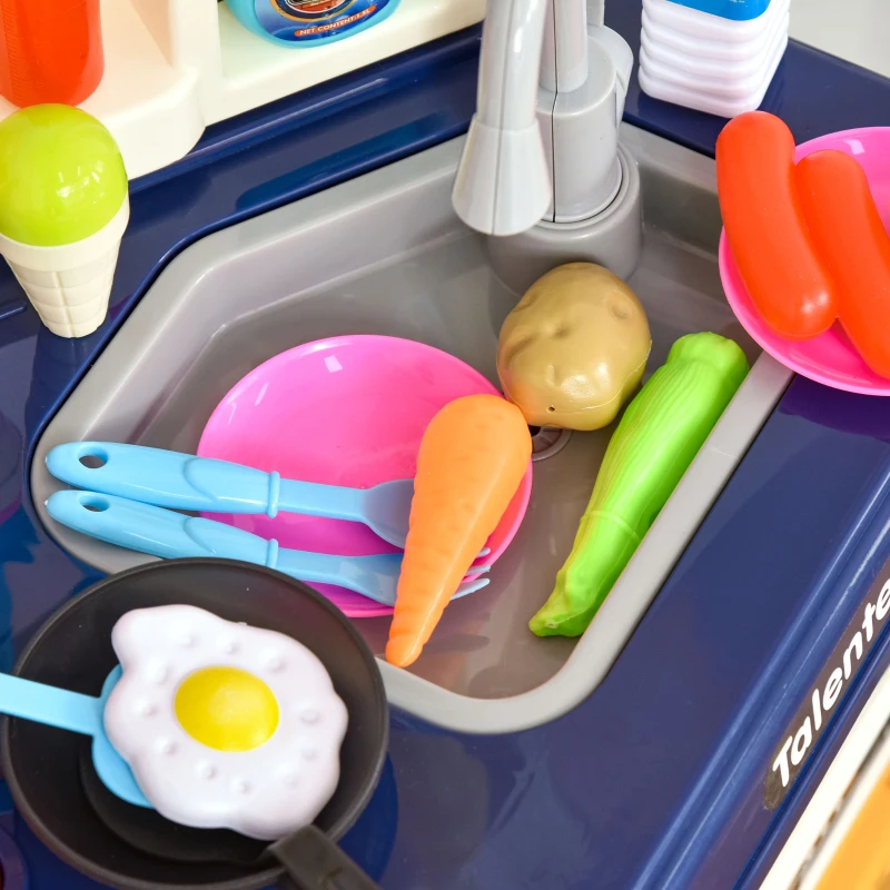 Qaba 64 PCS Kids Kitchen Role Play Cooking Toy Set, Educational Pretend Kitchen Playset Game, w/ Water Circulation, Spray, Music, Sound, Colorful Flashlight, for 3-6 Years Old, Beige+Blue