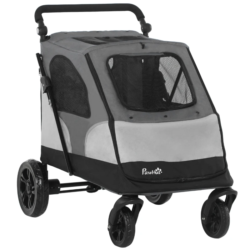 PawHut Pet Stroller Foldable Dog Cat Travel Carriage with Adjustable Handlebar Rear Door EVA Wheel Brake Storage Bag Mesh Window Safety Leash Grey