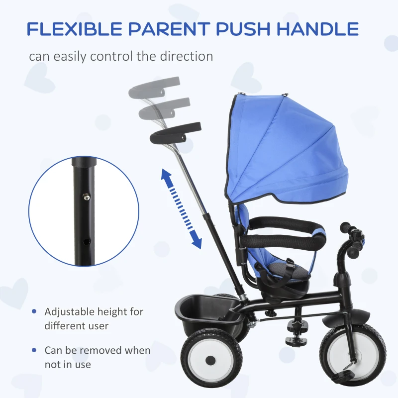 Qaba Baby Tricycle 2 In 1 Baby Stroller Kid Trike with Adjustable Canopy Blue