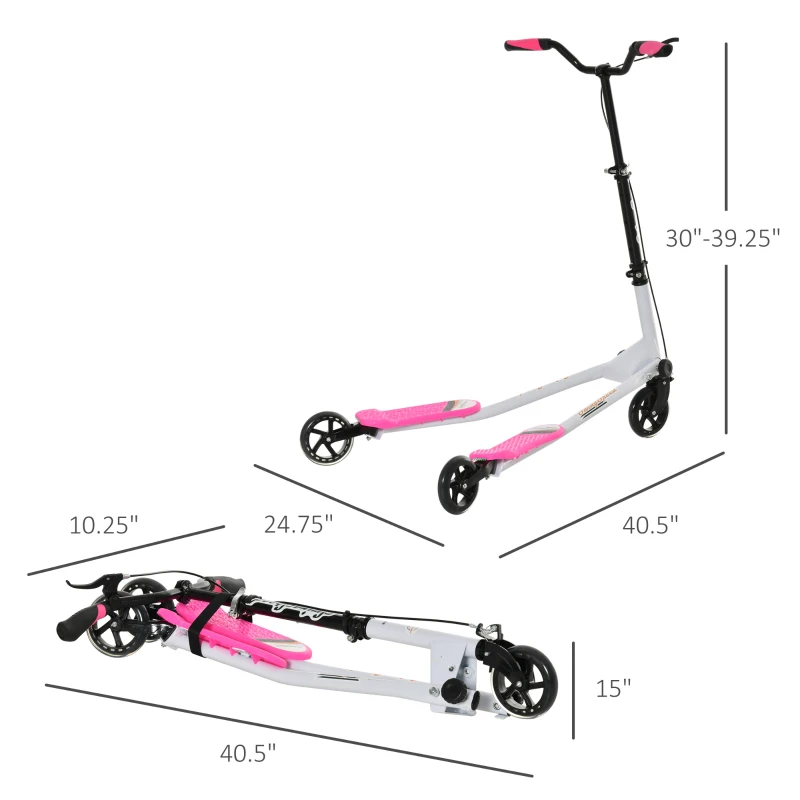 Qaba Kids/Adult Drifting Scooter 3 Wheels Scooter Foldable Child Tri Speeder Slider Swing Drifter Winged Push Motion Kickboard Height Adjustable for Age 6+ Pink